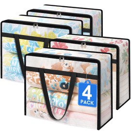 TasticTotes 4 Pack Clear Storage Bags for Comforter, Clothes & Bedding, Plastic Blanket Storage with Zipper and Handle, Moving Bags, Closet Organizer and Under-Bed Storage (40L)