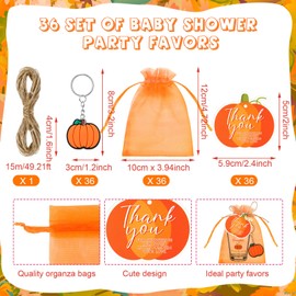Roshtia 36 Set Pumpkin Baby Shower Favors for Guests Clear Acrylic Shot Glasses Thank You Tags Keychains Organza Bags Pumpkin Party Supplies for Girl Gender Reveal Favor