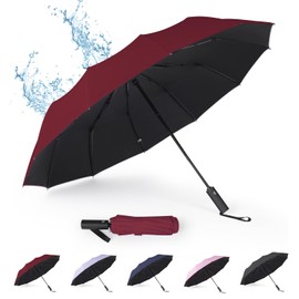 LORISKORS | TERPORT Paraguas Plegable de Automático para Sol, Resistente al Viento e Impermeable, Protección Anti-UV para Lluvia y Día Soleado, 12 Varillas, Ligero y Compacto (Rojo)
