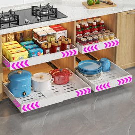 Sonhomay Pull Out Cabinet Organizer, Heavy Duty Slide Out Drawers for Kitchen Cabinets, Expandable Drawer Organizer for Pots and Pans, Adjustable Sliding Peel and Stick Under Sink Storage Shelf