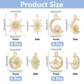 DICOSMETIC Pack of 24 4 Styles Alloy Sun Moon Star Pendant Rhinestone Crystal Sun Pendant Golden Sky Pendant for Jewellery Making Bracelets Necklace, Bore: 1.4-1.8 mm