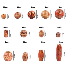 Focenat 230 Pcs Printed Wooden Beads with Holes, Macrame Large Hole Beads Various Shapes Loose Wooden Beads Round Barrel Wood Beads Macrame Tube Square Wood Beads African Style Wood Beading for Jewelry Making Bracelet Necklace Hair Craft DIY