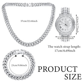 Huquary 4 Pcs Hip Hop Jewelry Set Cuban Link Chains Bling Rhinestone Watch Artificial Full of Diamond Necklace, Bracelets and Watch for Man (Silver)