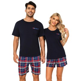 SPKPKEY Womens Pjs Sets Cotton 2 Piece Outfits Couples Pajamas Matching Sets Short Sleeve Sleepwear Navy Blue S