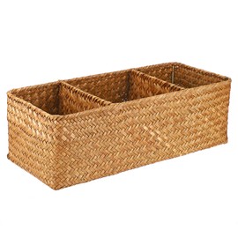 Hipiwe Seagrass Storage Basket with 3 Section, Hand-Woven Wicker Bathroom Storage Bin Tissue Toilet Paper Organizer Basket for Shelves, Kitchen, Bathroom (Caramel)