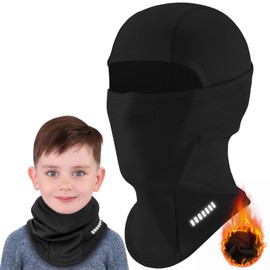 VOBUKE Kids Balaclava Winter Warm Fleece Balaclava Windproof Face Mask Ski Mask Balaclava Under Helmet Multifunctional Thermal Balaclava Hat with Neck Warmer Reflector Boys Girls 7-13, black