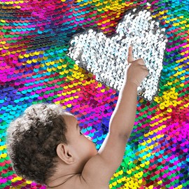 5MM Not Falling Sensory Wall for Kids - Sequin Flip High Density Reversible Graffiti Fabric by The Yard - Mermaid Rainbow to Silver - 0.5yd, 50" x 18"