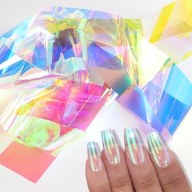 JCAKES 2 Boxes Aurora Glass Nail Foil Sheets Iridescent Cellophane Sheets Holographic Nail Art Foil Glass Nail Stickers Decals Reflective Nails Designs Neon Nail Decoration