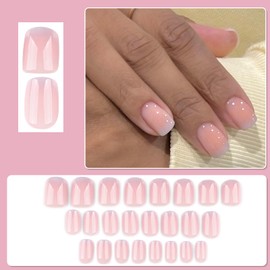 Viugex 24Pcs Short Square False Nails, French Tip Press on Nails Pink Purple Gradient Acrylic Fake Nail, Full Cover Strong Glue on Nail, Glossy Gel Stick on Nails for Women Girls Daily Holiday Wear