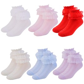 JUPSK Girls Frilly Socks Ankle School Socks Kids White Ballet Ruffle Lace Socks Baby Children's Cotton Communion Socks 7-9 Years 6 Pairs Multicolour