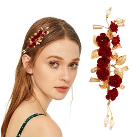 Red Rose Hair Clip - Wedding Hair Accessories for Women, Red Hair Clips, Burgundy Hair Accessories, Red Flower Hair Clip,Red Hair Accessories,Bridal Floral Side Clip for Women Wedding Hair Accessories