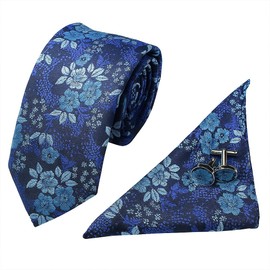 Tie for Men Blue with Floral Pattern, Elegant Silk Tie Set Including Pocket Square 146 x 8 cm for Business, Wedding, Dinner, Party - Classic Ties for Men Stylish
