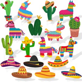 Memorywuu 18Pcs Mexican Yard Signs Stakes Cinco De Mayo Cactus Tiki Piñata Sombrero Let's Fiesta Tropical Lawn Decor for Outdoor Garden Ornaments Mexican Western Cowboy Party(Fiesta)