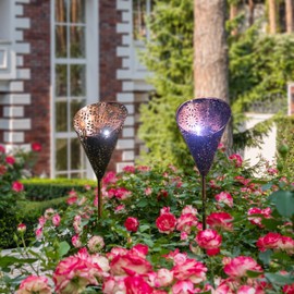 Adeco Solar Powered Lights Set of 2 Torch Shape Outdoor Lamp Decor 23 inch Metal Crackle Glass Globe Stake Lights with Large Solar Panel Waterproof LED Lights for Ground Patio Lawn Pathway