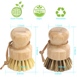 Aisuly Bamboo Dish Brush Set, 2 Pcs Palm Wooden Dish Scrubber Brush, Dish Brushes, Durable Wood Dishes Scrub Brush, Natural Round Vegetable Cleaning Pots Pans Sink Washing Kitchen Brush
