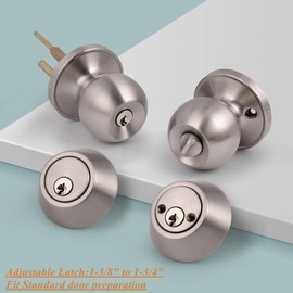 Probrico Satin Nickel Entry Door Knob and Double Cylinder Deadbolt Combo Pack, Keyed on Both Sides, Front Door and Exterior Gate Lockset Hardware