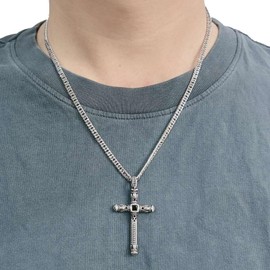 Phuc Minh Gothic Cross Necklace for Men, Handcrafted Skull Motifs Pendant in Stainless Steel, Durable 20-Inch Chain, Retro Punk Rock Jewelry for Rockers & Bikers