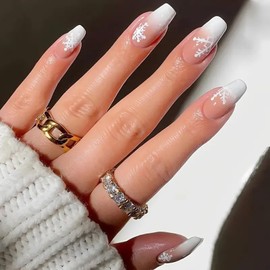 Christmas Press on Nails Medium Coffin Winter French Tip Fake Nails Nude Full Cover White Gradient False Nails with Snow Designs Glossy Glue on Nails Acrylic Nails Artificial Nails for Women Girls