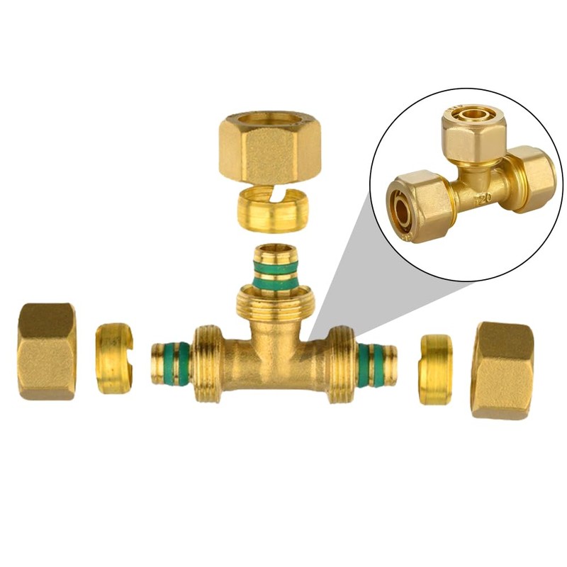 Pack of 2 Screw Fitting T-Piece, Brass Compression Fitting for