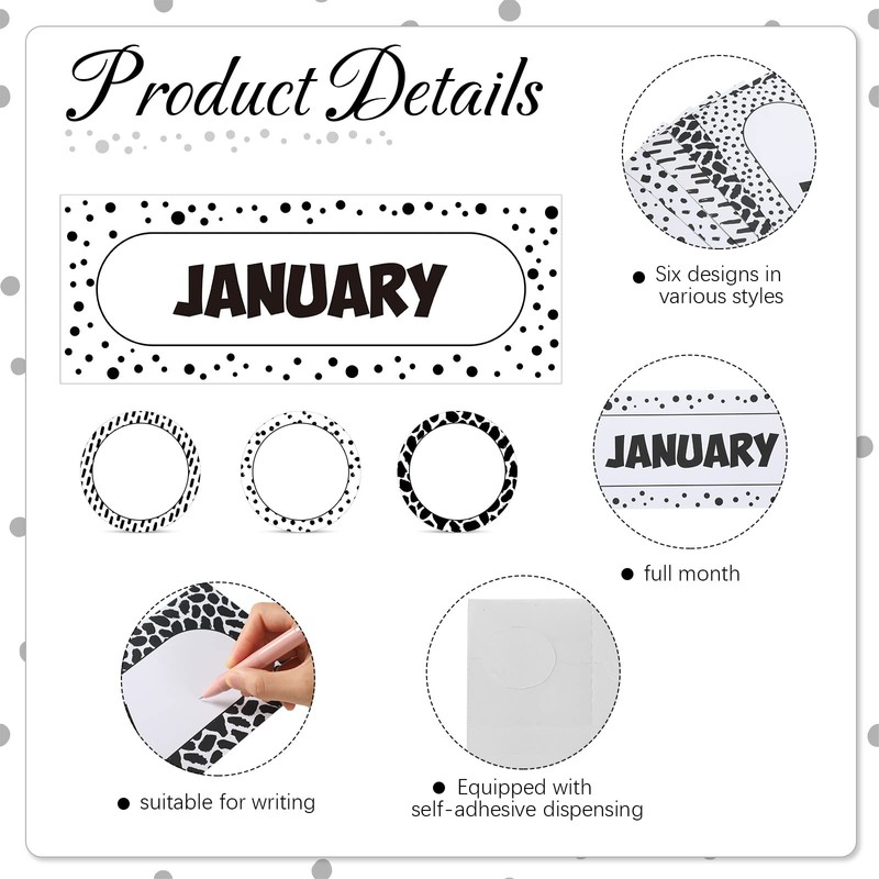 60 Pcs Monthly Headliners Painted Dots on White Months of