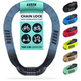 AARON - Lock One Bicycle Lock - 5-Digit Numerical Code - Steel Chain for Higher Security - Lock for E-bikes, Mountain Bikes, Trekking Bikes, Touring Bikes, Racing Bikes and Electric Vehicles Grey/Blue