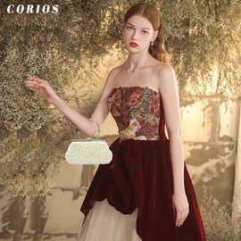 CORIOS Women's Pearl Clutch Bag Luxury Evening Bag Wedding Bridal Purse Elegant Handbag Chain Shoulder Bag Purse Bag Retro Shoulder Bag for Purse Evening Party, beige