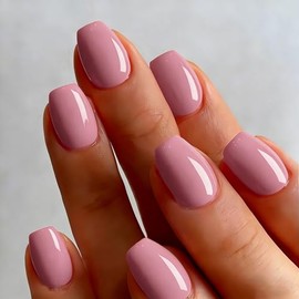 Uñas postizas cuadradas cortas de color rosa malva, uñas postizas cortas tipo ataúd con pegamento, uñas postizas neutras brillantes para mujer, juego 