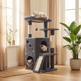 PETEPELA Cat Tree for Indoor Cats, 34.6" Small Cat Tower with Scratching Posts, 2 Condos, Scratching Ramp & Dangling Toys, Cat Play House for Kittens and Small Cats, Dark Grey