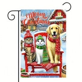 Merry Christmas Garden Flag 12x18 Double Sided Winter Cats and Dog Garden Flag Festive Holiday Outdoor Decoration Winter Yard Banner for Christmas Party