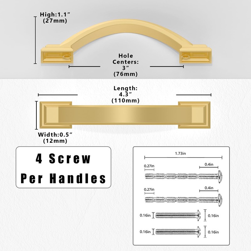 Asimerdeco 10 Pack Brushed Gold Cabinet Pulls 3 Inch(76mm) Kitchen