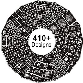 Temporary Tattoo Stencils, 15 Sheets, 410+ Pieces, Glitter Henna Tattoo Stencils with Makeup Stencils for Children and Adults, Halloween Party