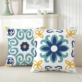 TAOSON Pack of 4,Blue Outdoor Waterproof Throw Pillow Covers Cushion Cases, Floral Printed and Boho Farmhouse Outdoor Pillow Cushion Covers for Patio Funiture Garden 18x18 Inch S207011