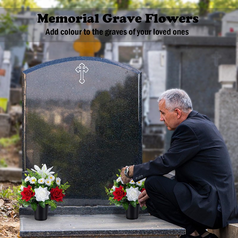 Kukooka Artificial Grave Flowers in Pots, Artificial Rose Lily Daisy