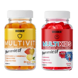 Weider Multivit + Multikids Gummies - Multivitamin Pack for Adults and Children - Vitamins (D,C,E,B6,B12) and Minerals - No Added Sugar - Ideal Pack for The Whole Family - 80 and 50 Gummies