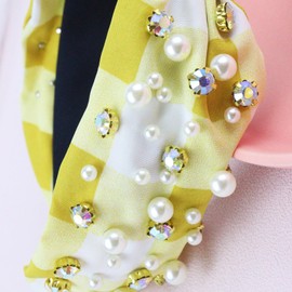 Brihasory Rhinestone Pearls Knotted Headbands for Women and Girls Crystal Jeweled Headband Fashion Mardi Gras Accessories Party Prom Carnival Valentines Headwear Wide Headband Hair Hoop(Yellow)