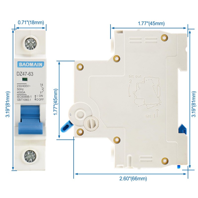 Baomain Miniature Circuit Breaker Single-Pole 20A DZ47-63 C20 400VAC, DIN