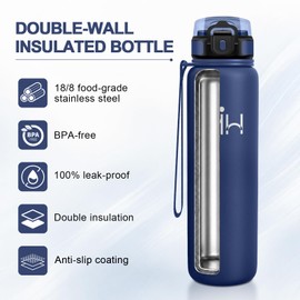 JAPORIA Borraccia 1L, Bottiglia Acqua con Cannuccia, Borraccia in Acciaio Inox, senza BPA, A Prova di Perdite, Bottiglia Acqua per Outdoor, Yoga, Palestra, Viaggi