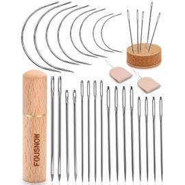 FOUSNOW 28 Pcs Heavy Duty Hand Sewing Needles Kit, Upholstery Needles for Hand Sewing, Sewing Needle Kit with Wooden Sewing Needles Cushion for Leather, Sofa, Canvas, Repair Sewing Craft