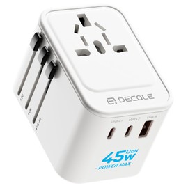 decqle Universal Travel Adapter, International Travel Plug Adapter with 2 USB-C(GaN 45W) ＆ 1 USB-A Ports, All in One Portable Adaptor, for USA, UK, EU, AU ＆ 224+ Countries (White)