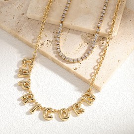 Madison Tyler Zodiac Bubble Letter Necklace Gold | Rhinestone Necklace for Women | Trendy Layered Necklaces for Women 2024 | CAPRICORN Necklace for Women | Birthday Gifts Astrology Gifts for Women