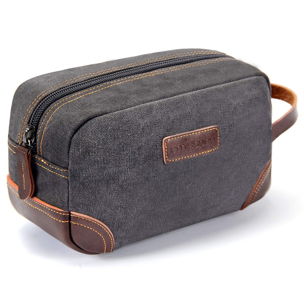 emissary Men's Toiletry Bag Leather and Canvas Travel Toiletry Bag Dopp Kit for Men Shaving Bag for Travel Accessories (Gray)