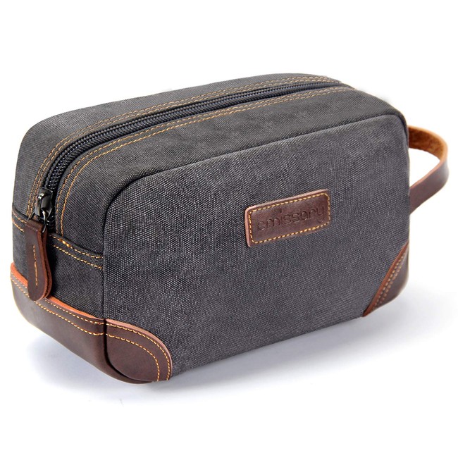 emissary Men's Toiletry Bag Leather and Canvas Travel Toiletry Bag Dopp Kit for Men Shaving Bag for Travel Accessories (Gray)