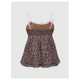 SHENHE Women's Lace Sleeveless Cami Crop Top Strap Summer Boho Ruffle Hem Top Leopard Print Brown Large