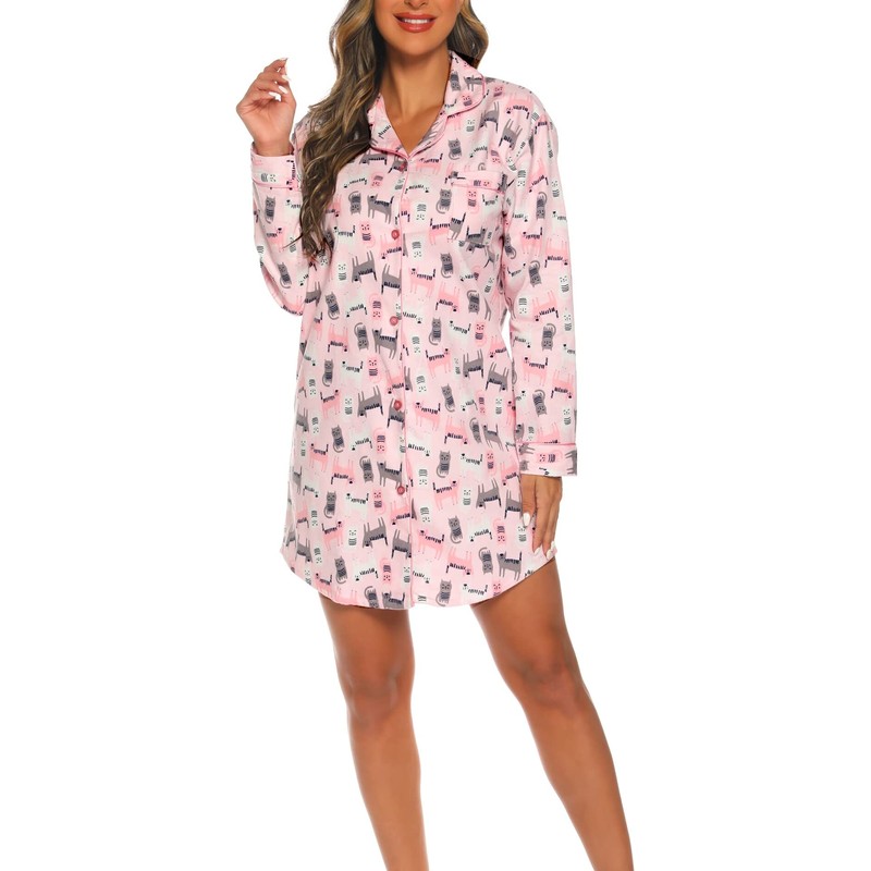 ENJOYNIGHT Women's Sleep Shirt Flannel Print Pajama Top Button-Front Nightshirt