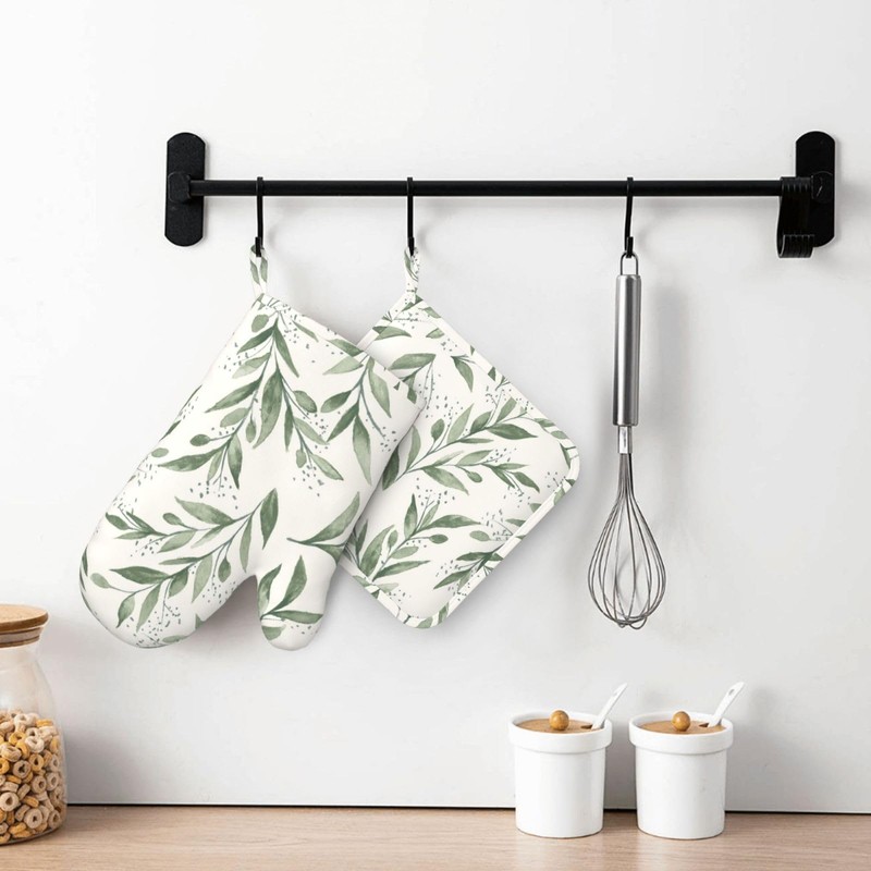 Silicone Oven Mitts and Pot Holders Sets, Home Green Leaf