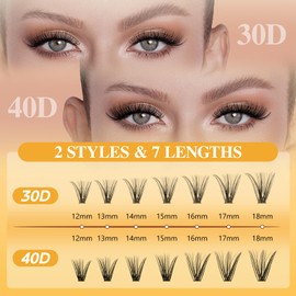 Cluster Lashes Kit 30D+40D Individual Eyelashes Mixed 12-18mm Kit with Waterproof Lash Bond and Seal, Lash Tweezer Lashes Individual Cluster Natural Look at Home(30+40-kit)
