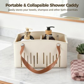 OMISTAR Portable Shower Caddy, Plastic Bath Basket Tote with Handle, 11 x 7.1 x 6.5 in, Collapsible Design, Cream Color, Bathroom Storage Organizer for Dorm, Gym, Travel
