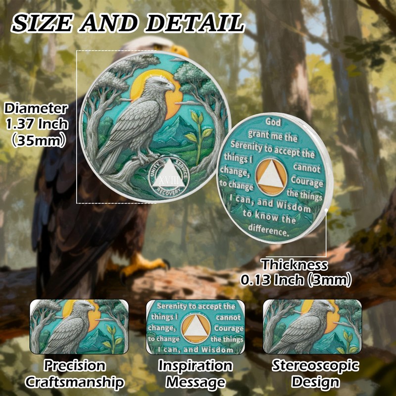 Forest Eagle Sobriety Coin - Sobriety Chip for Alcoholics Anonymous,