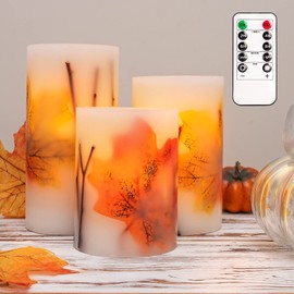 Crystal Club Fall Flameless Candles, Battery-Operated Fall LED Candles with Remote and Timer, Autumn Theme Pillar Candle Embedded with Maple Leaves for Fall Party Decorations, Holiday Décor