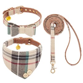 EXPAWLORER Dog Collar and Leash Set - Classic Plaid Dog Bow Tie and Dog Bandana Collar with Bell, Dog Leash Tangle Free, Adjustable Collars for Small Medium Large Dogs Cats, Holiday Ideal Gift, XS
